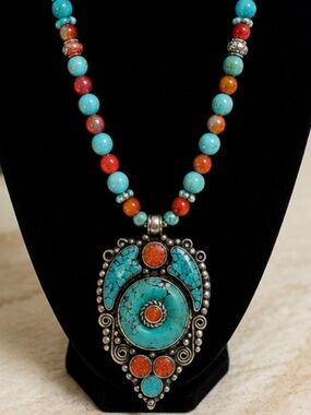 Turquoise & Coral Beaded Pendant Necklace - Women Jewelry